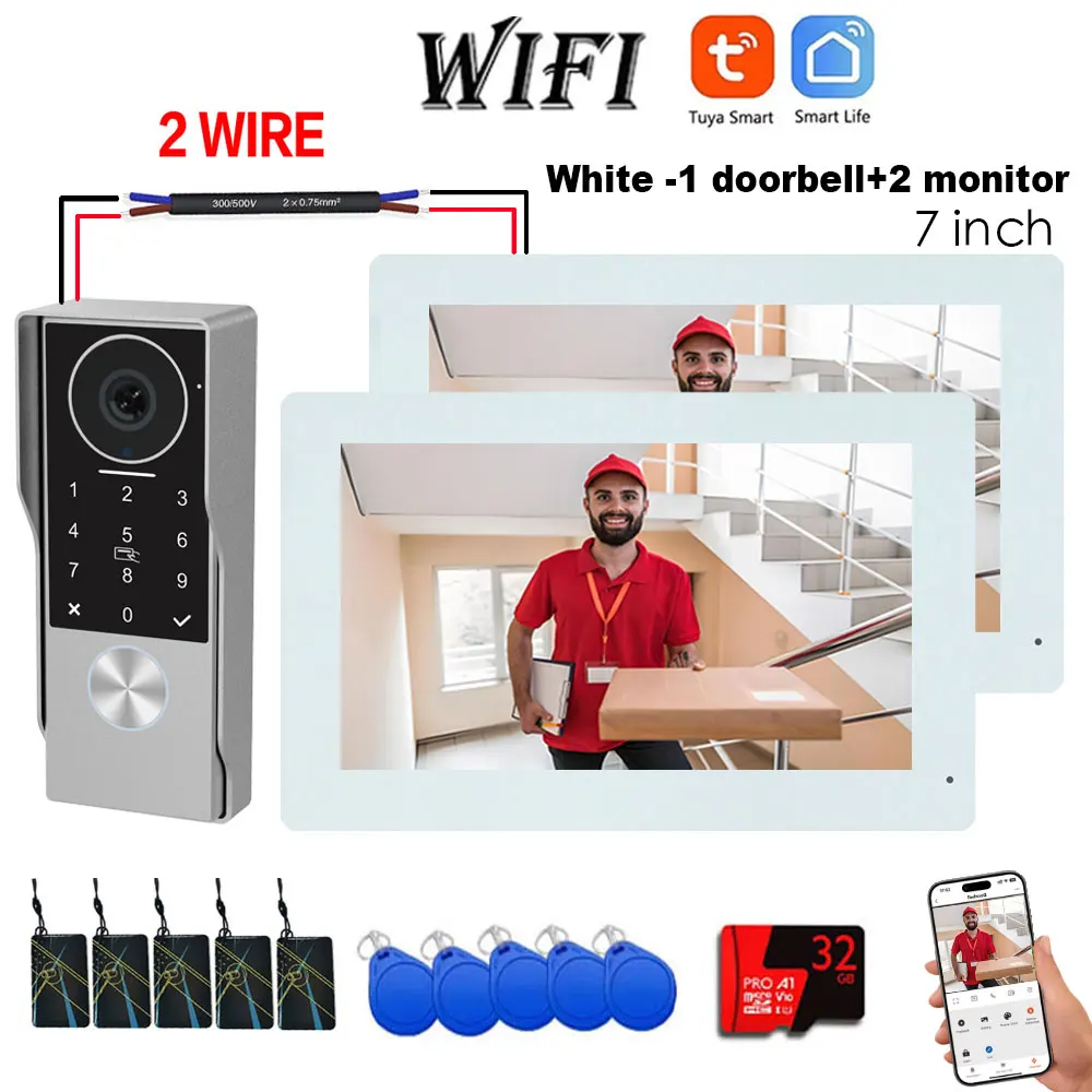 Новый 2-проводной Smart Tuya Wi-Fi 1080P видеодомофон видеодомофон 2 шт. камера с сенсорным экраном дверной звонок дверная безопасность IP вилла RFID