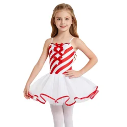 Bambini ragazze Candy Cane paillettes a righe Tutu di balletto vestito da ballo Costume di natale Bowknot Adorned Stripe Print Mesh Tutu Dress