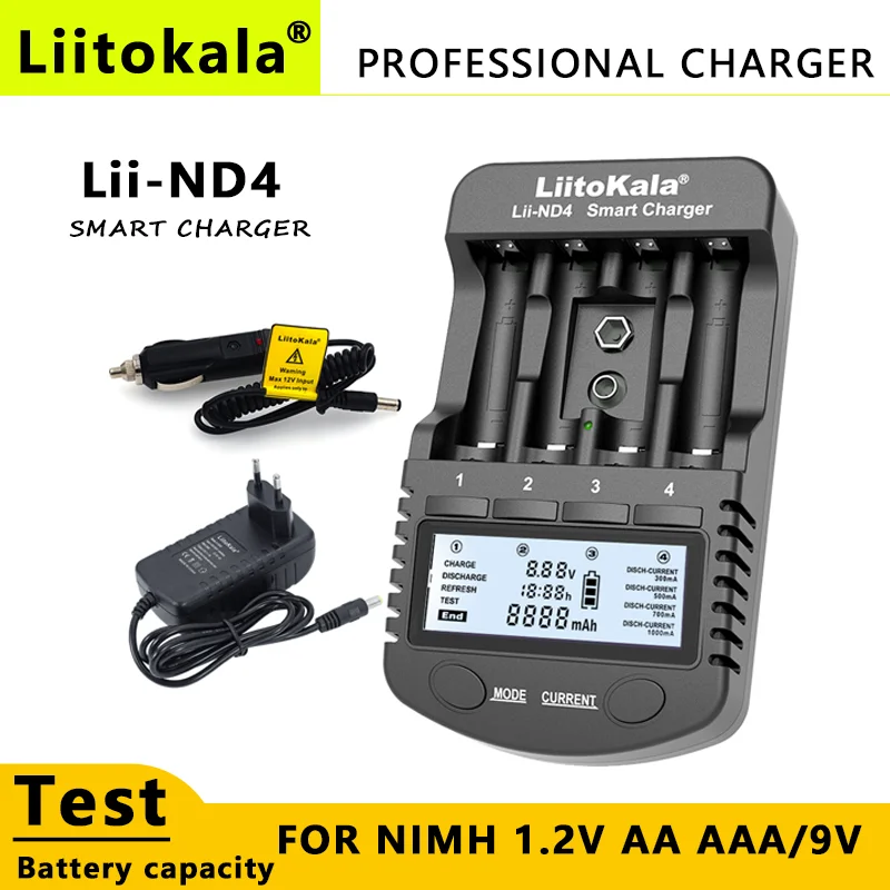 

LiitoKala Lii-ND4 NiMH/Cd 1.2V AA AAA Recharge Bateery Charger LCD Display and Test Battery Capacity 9V Batteries.