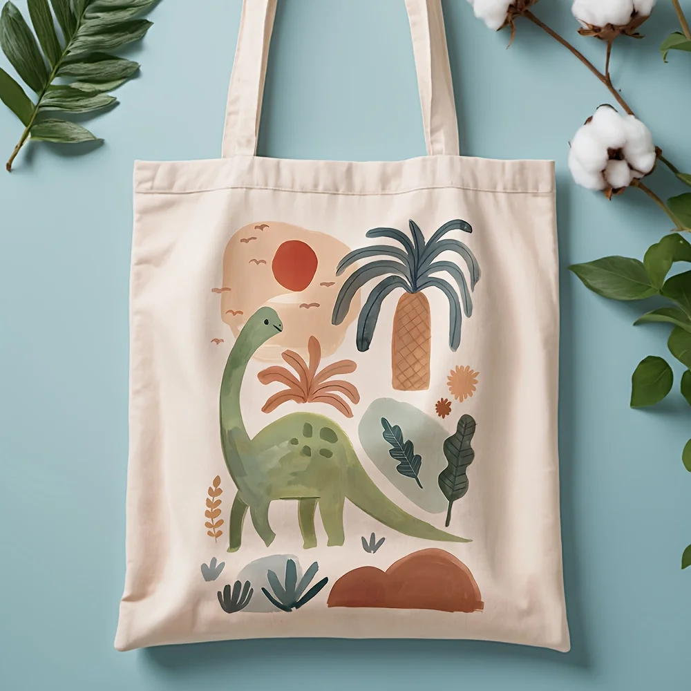 1pc, Dinosaur Illustration Canvas Tote Bag Reusable Grocery Bags (35.05cm x 40.13cm), Stylish Shoulder Bag for Daily Shopping, G