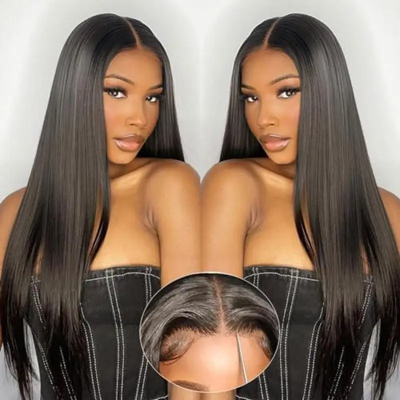 Middle Part Long Straight Full Wigs for African Women, High Temperature Synthetic Hair Full Head Wig, Natural Straight Hair Wig