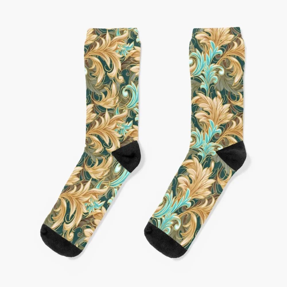 Rococo Bliss Pattern | Deep Cool Green + Teal + Cream Socks hip hop gym sports stockings moving stockings Socks For Women Men's