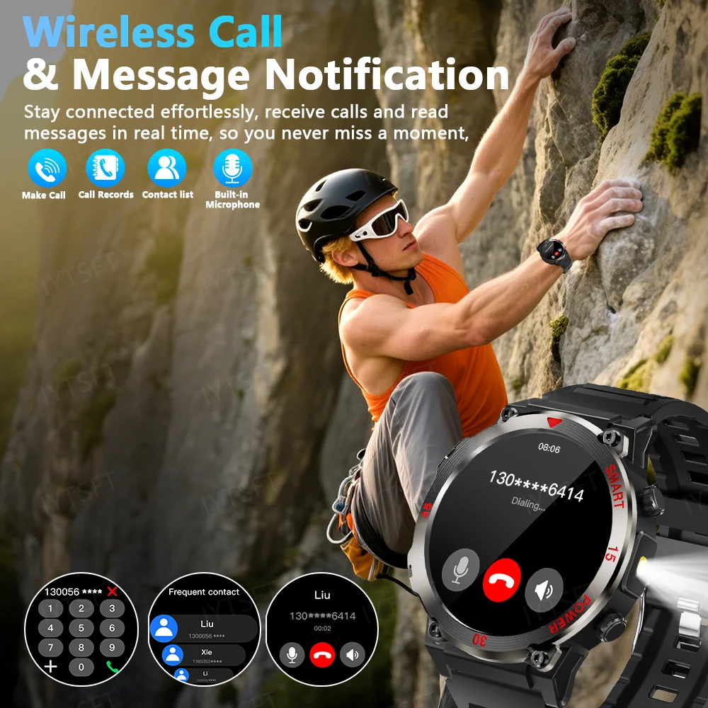 LAXASFIT New Smart Watch Men's Outdoor Sports LED Flashlight  Bluetooth Calling Voice Assistant Health Monitoring Smartwatch