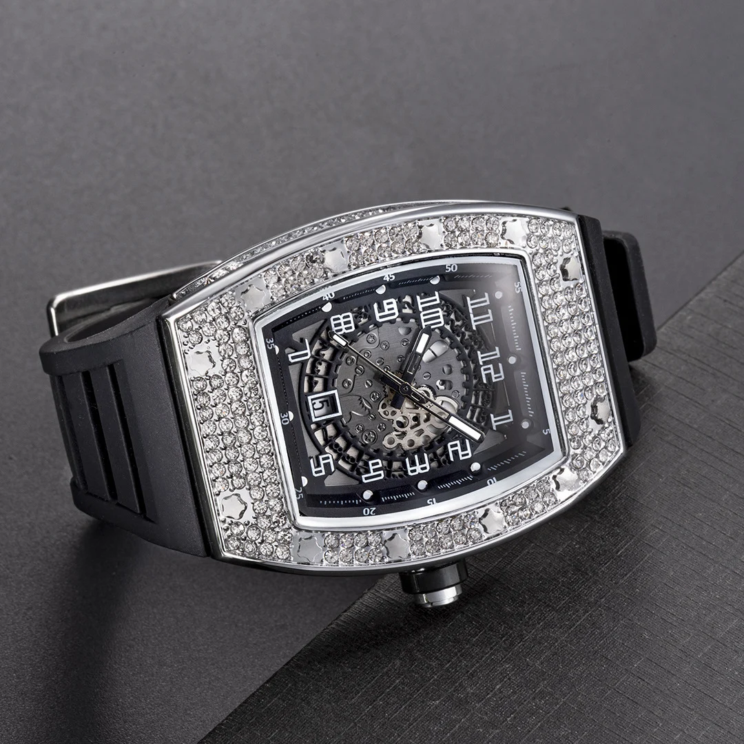 MISSFOX 2025 New Arrival Tonneau Men Watches Iced Out Full Diamond Rubber Strap Watch Hollow Dial Design Luxury Sport Male Clock