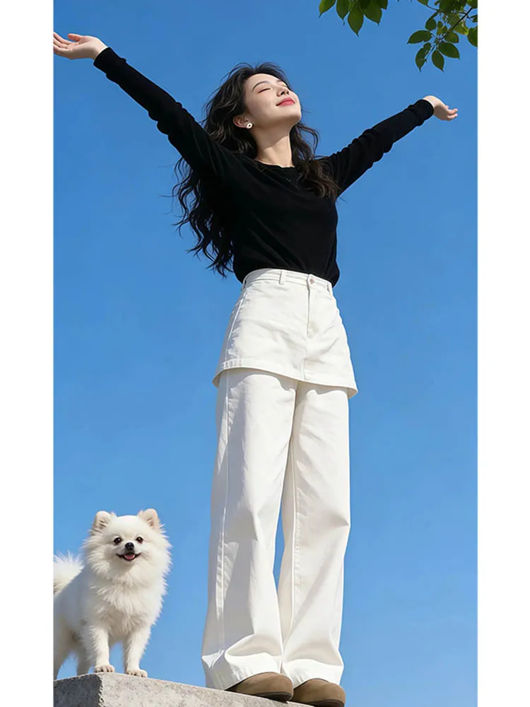 

Женские джинсы с высокой талией и прямыми штанинами, повседневные, весна 2026, новый дизайн, имитация двухслойности, свободный крой, полиэстер