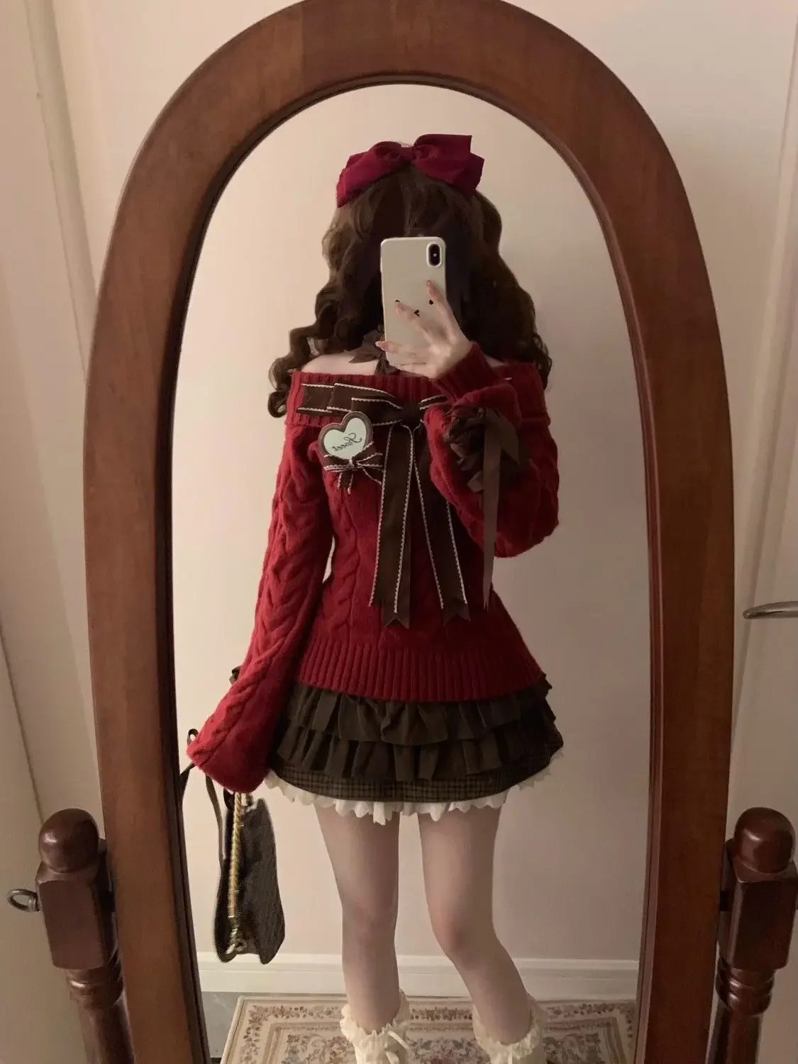American Vintage Spice Girl Bow Bandage Off Shoulder Long Sleeved Knitted Sweater + Flounce Skirt + Simple Shirt Women 3Pcs Sets