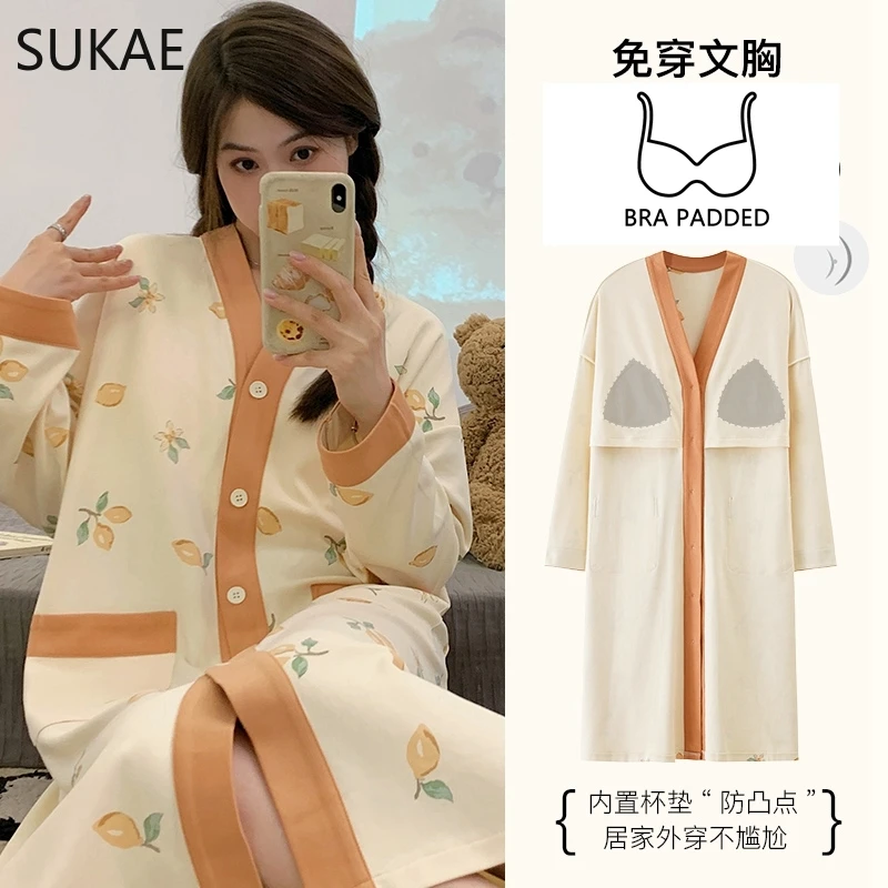 SUKAE M-5XL Plus Size Cotton Nightgowns Autumn Winter Women Long Sleeves Nightgown V-neck Nightdress Bra Padded Sleepshirts