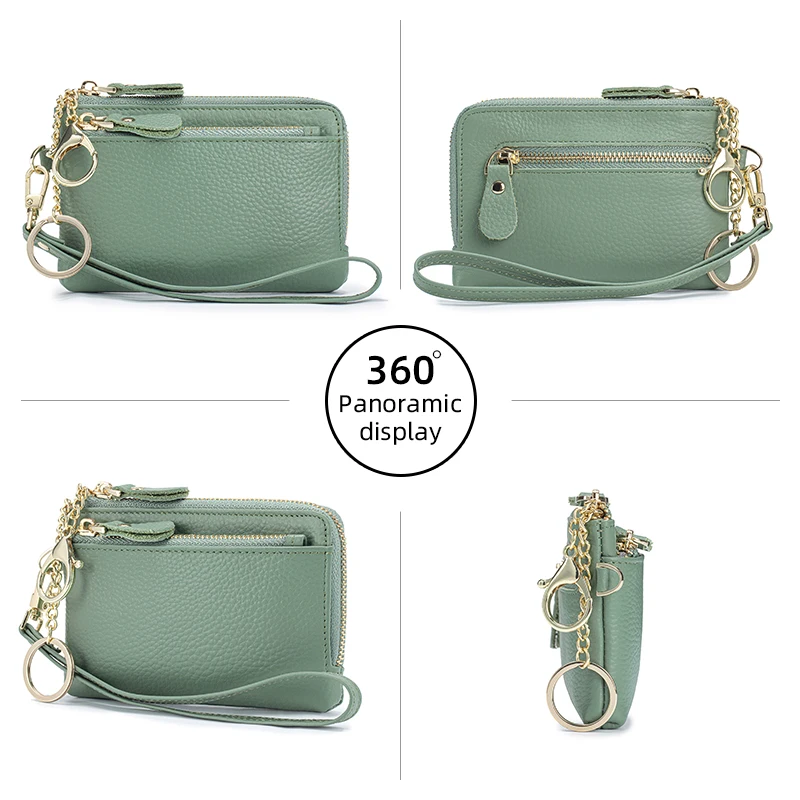 Genuine Leather Women Coin Zipper Pocket Mini RFID Blocking Wallet with cash Card Slots Zipper Around Wristlet Keychain