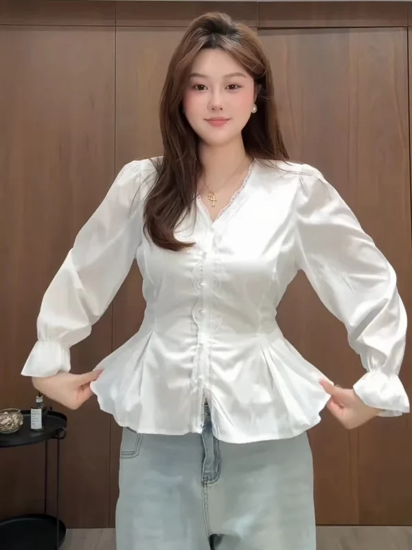 

plus Size Lace Splice V-Neck Shirt Women's Summer New Beautiful Slimming Top Korean Style Commute Pure Color Polyester Fiber