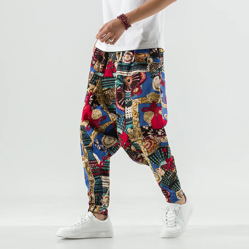 

Floral Cotton Linen Loose Low Waist Pants for Students Street Dance Performance Sports Bar Night Club Youth Leisure ...