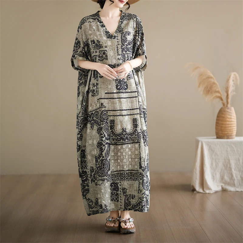 

Summer V-Neck Loose Long Cotton Linen Print Skirt Thin Batwing Sleeve Artistic Women's Robe Knee-Length Straight Cut Dress