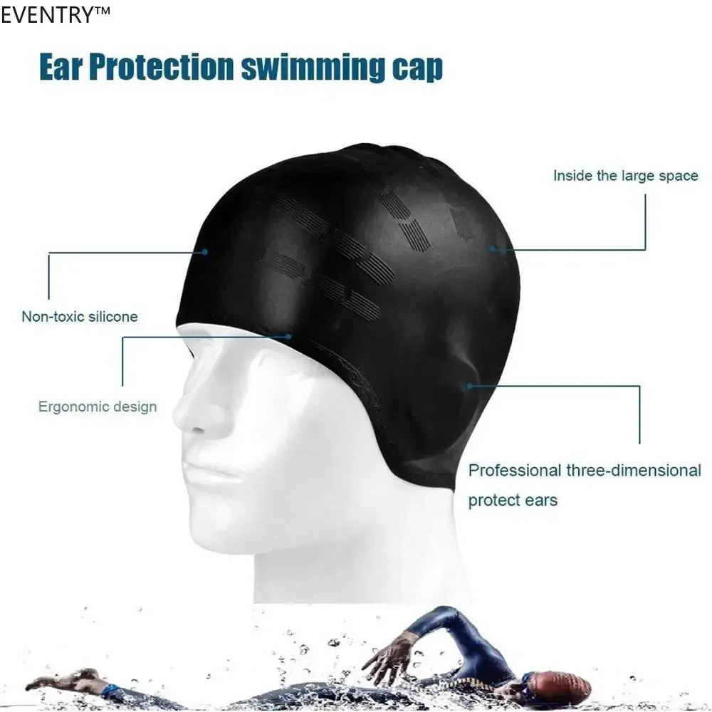 Gorros de natación de alta elasticidad para adultos, gorro de piscina impermeable, protege las orejas, pelo largo, gorro de buceo de silicona grande