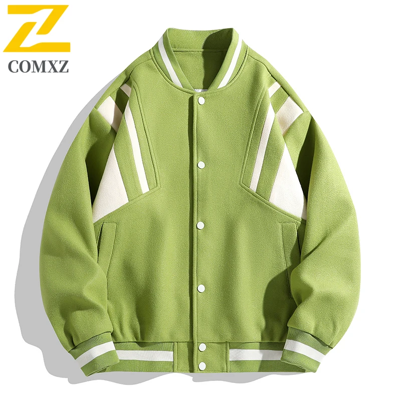 COMXZ 가을 남성 야구 재킷 클래식 야구 칼라 야외 여행 코트 프리미엄 스플 라이스 방풍 패션 겉옷 ​