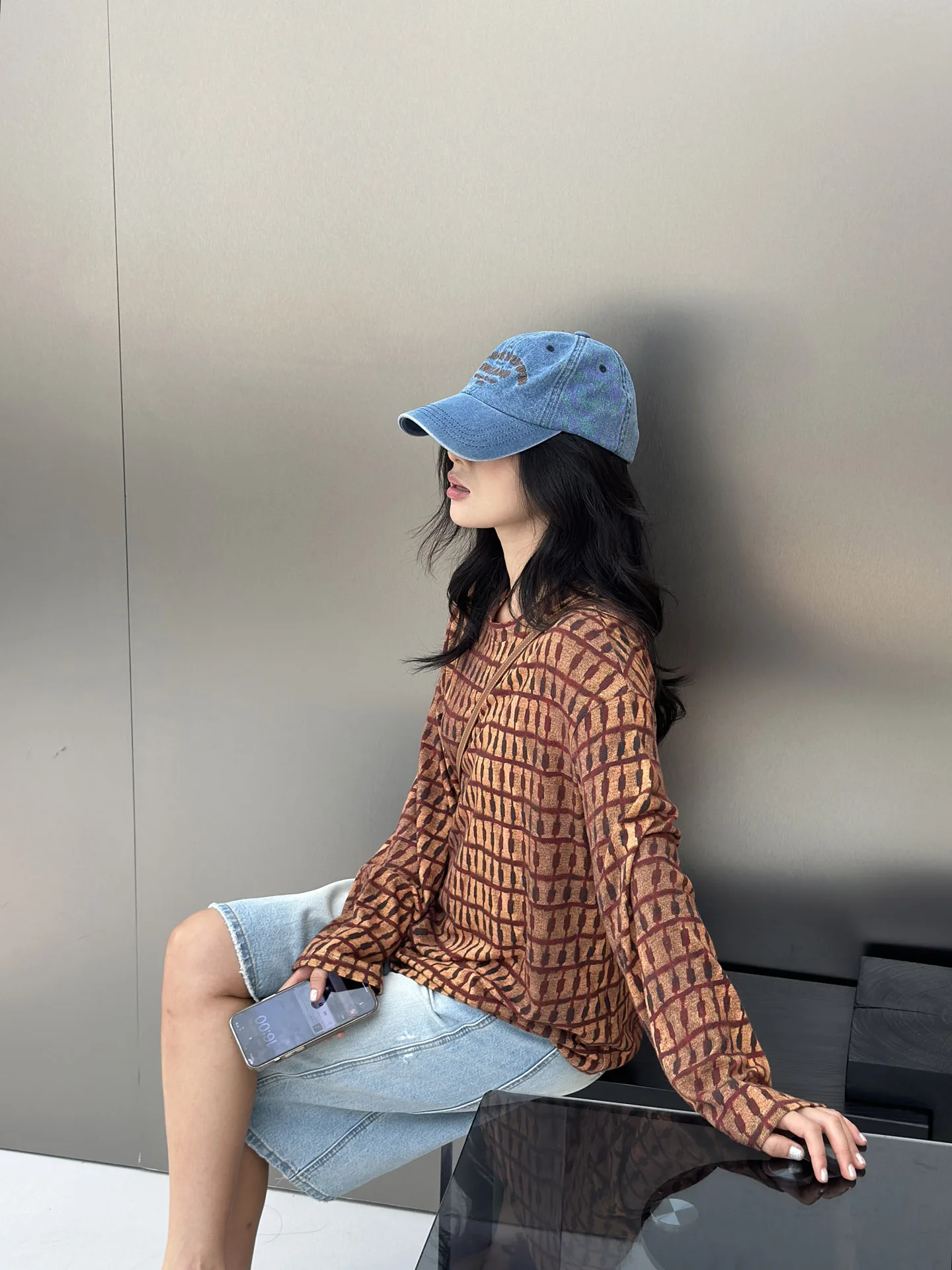 

Linen Bamboo Texture Plaid T-irt Women's Loose Long Sve round Ne Breathable Comfortable Base irt Street Sle Summer