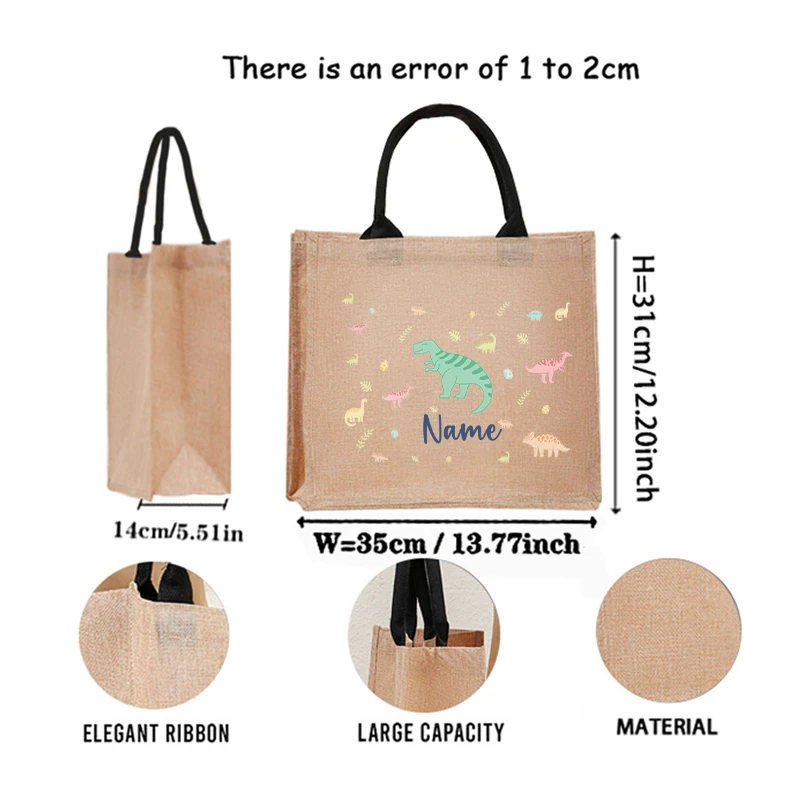Customizable Name Pastel Dinosaur Vintage Circus Sea Animal Jute Tote Bag, Shopping Handbag For Kids, Children & Friends Gift