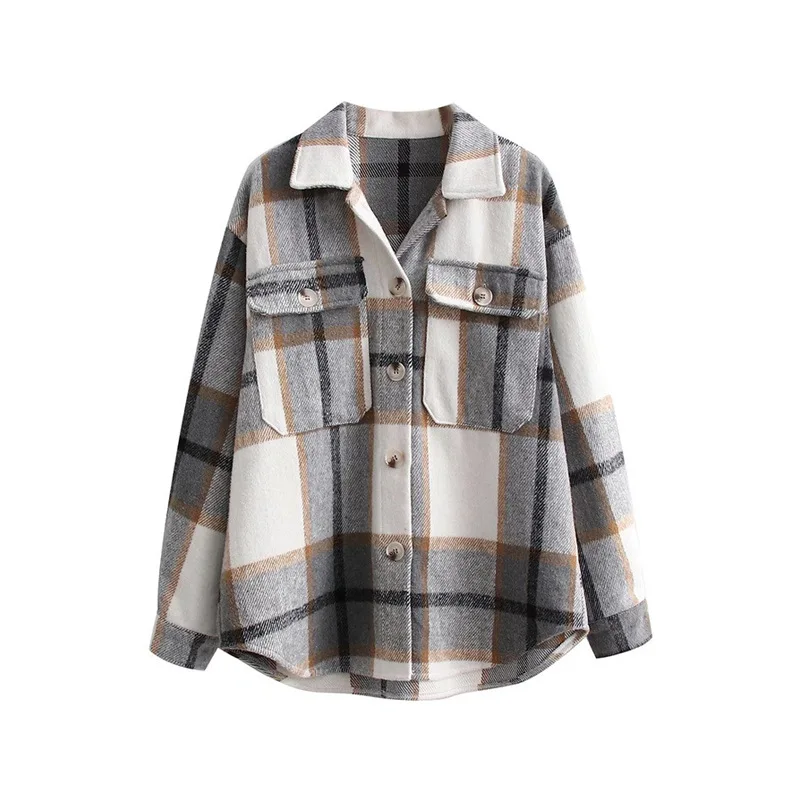 

Autumn and Winter Europe and America Cross-border Coats and Jackets Women Woolen Fabric Single-breasted Loose Pocket Plaid