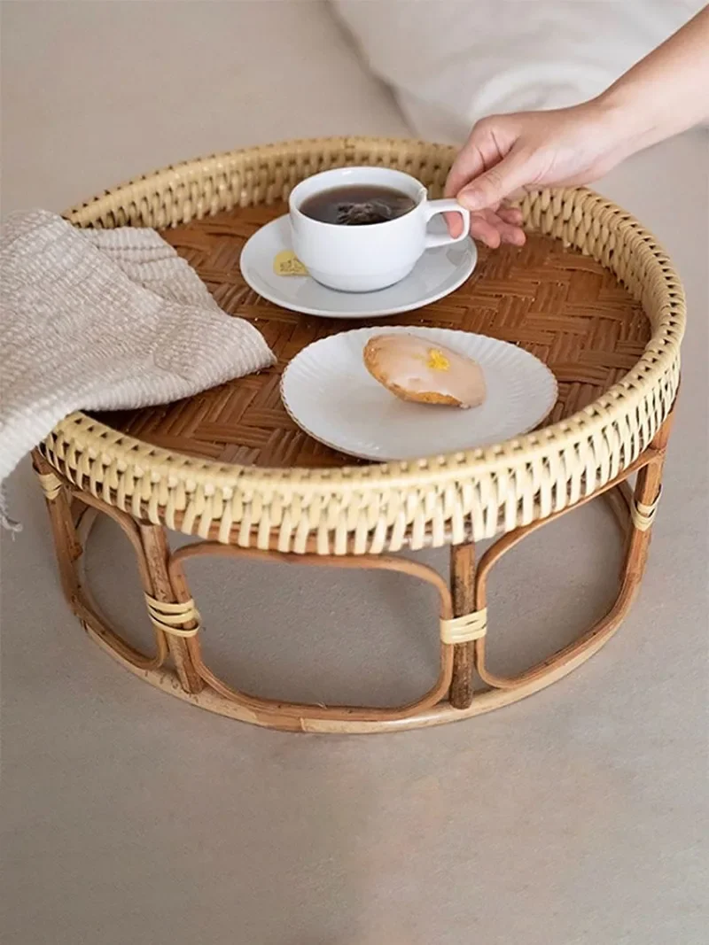Wabi-sabi rattan coffee table small apartment tatami bay window living room round French medieval picnic in...