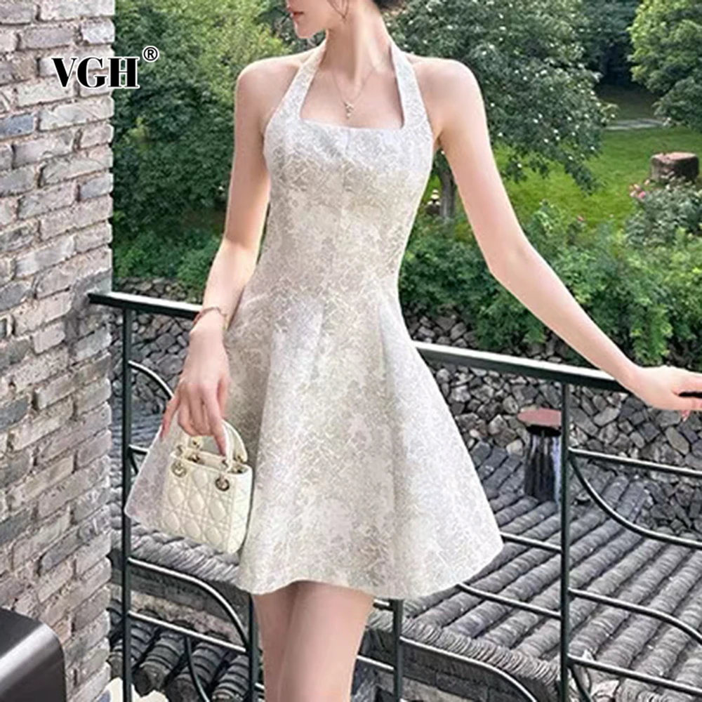 

VGH Slimming Sweet Printing Party Mini Dresses For Women Square Collar Sleeveless High Waist Draped Cute Dress Female Fashion