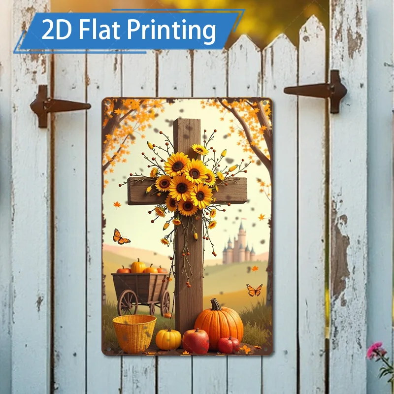 [2D FLAT] 1pc Metal Sign, 8x8inch 2D Flat Print Autumn Cross Sunflower Metal Wall Art for Home Garden Decor
