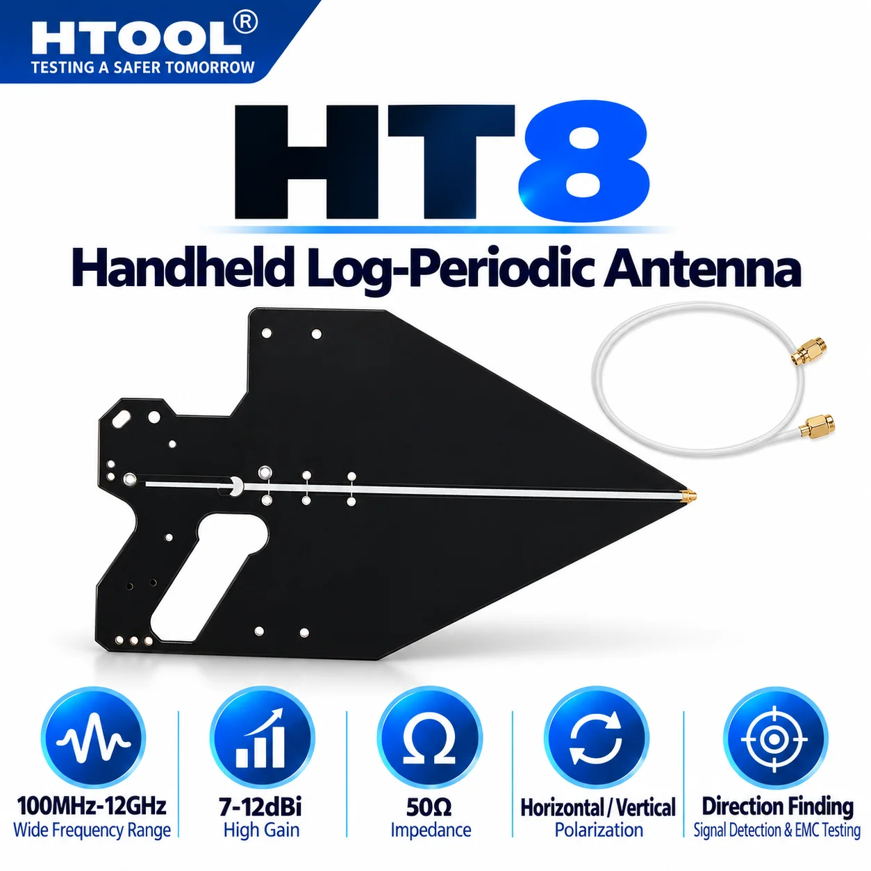 HTOOL HT8 100MHz-12GHz Handheld Log Periodic Antenna 7-12dBi High Gain SMA for Spectrum Analysis, Direction Finding, EMC