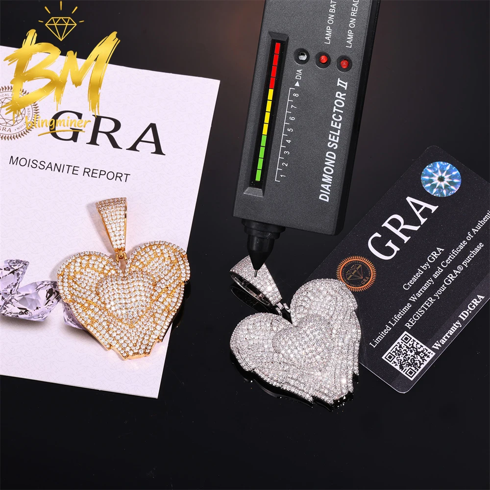 Blingminer VVS Moissanite Wing Heart Pendant Necklaces Brass Men Women Hip Hop Jewelry Free Shipping