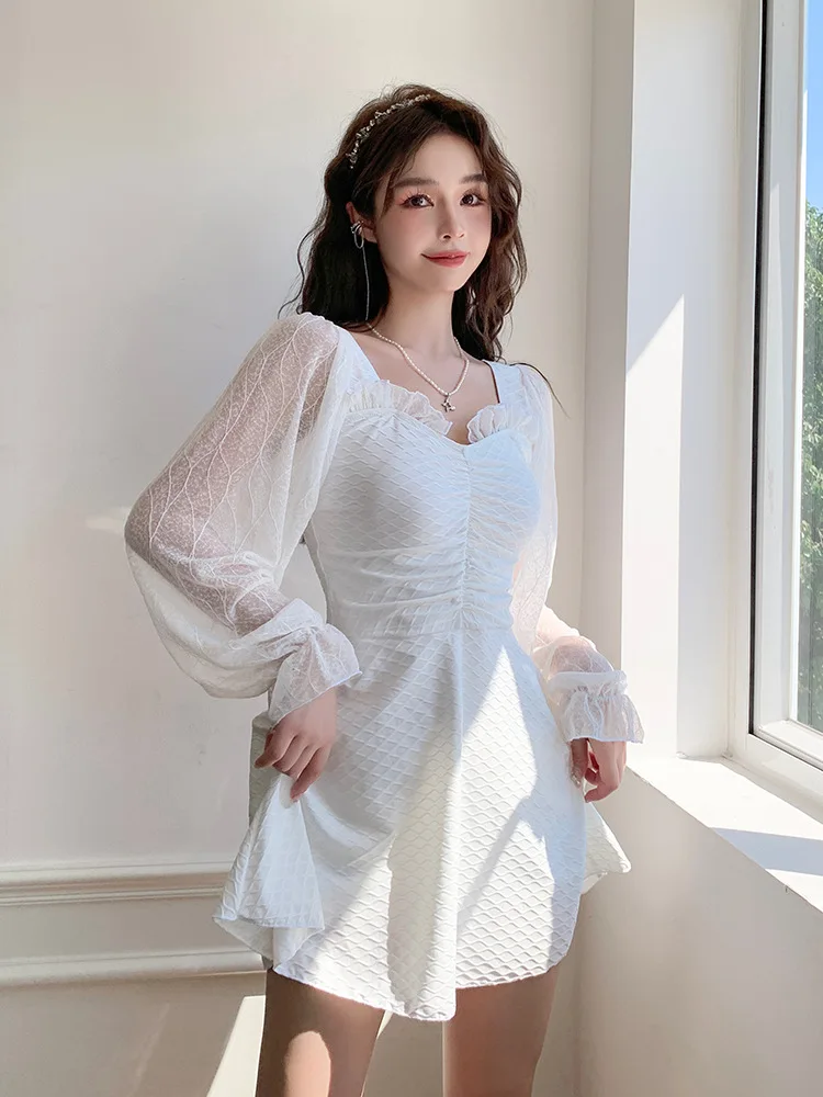 Swimwear Women's One-piece Skirt Long-sleeved Sunscreen Women's Slim 2022 Hot Spring Beach Skirt Lovely Swimwear for Students