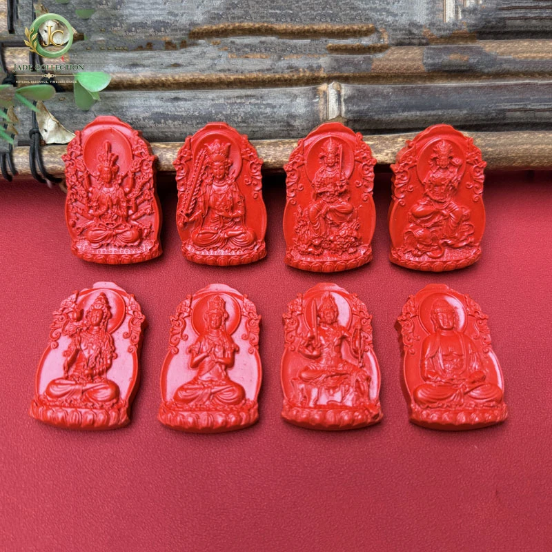 Wholesale cinnabar eight guardian deities pendants, red sand Buddha Guanyin, Aksaramantra necklace, men's and women's pendants,