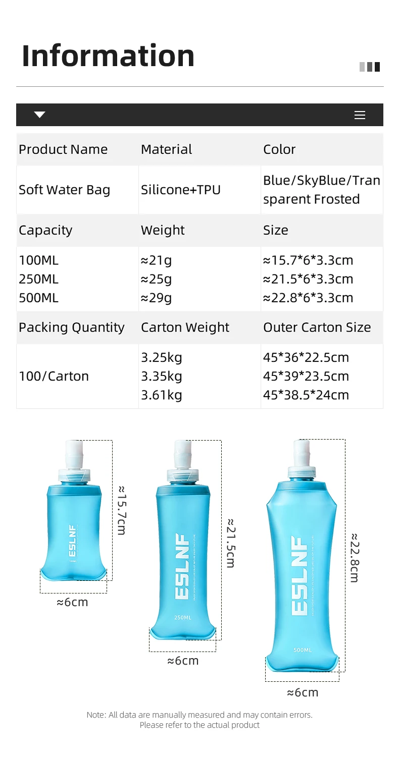 ESLNF 500ml Faltbare Wasserblase Weiche Wasserbeutel BPA-frei Lebensmittelqualität Auslaufsicher Tragbar für Laufen Radfahren Camping Hydration – Detail 2