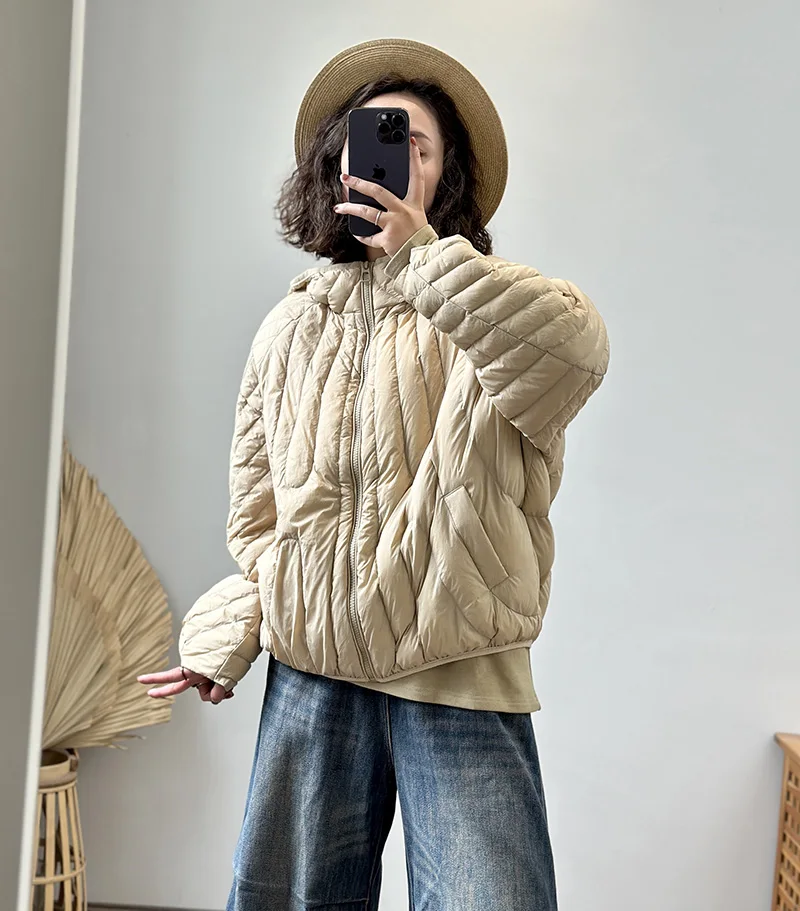 Schinteon Women Ultralight 90% White Duck Down Jacket Over Size Loose Casual Autumn Winter Outwear Vintage Coat Hood 2026 New