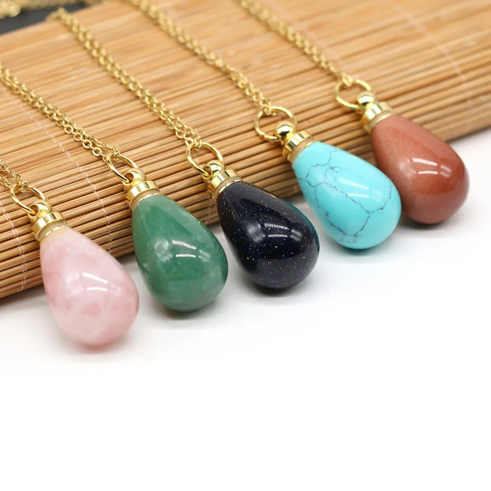Natural Stone Perfume Bottle Pendants Necklaces Quartz Agate Turquoise Tear Drop Essential Oil Bottle for Women Jewelry Gifts