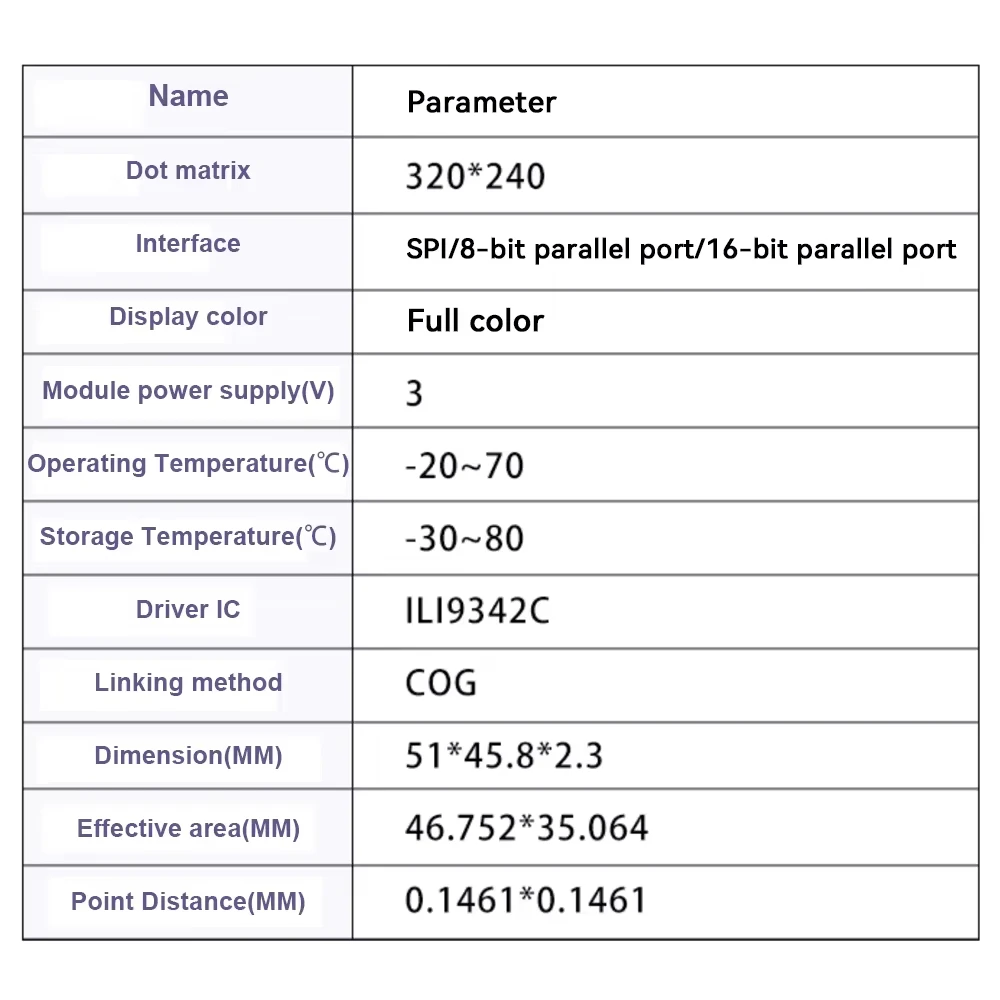 2.3 Inch TFT LCD Display Full Colour 320*240 Dots Screen Module SPI/8/16-bit Interface COG ILI9342C Driver 3V