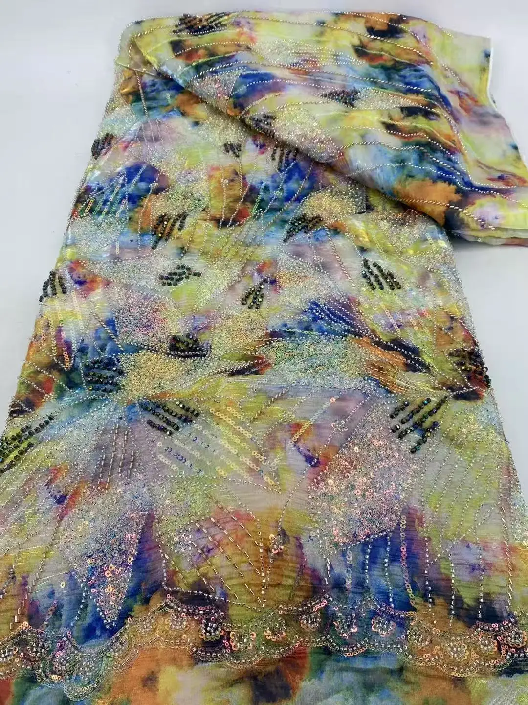 Tela de encaje con cuentas bordadas africanas de lentejuelas nigerianas de alta calidad, 5 yardas para fiesta de boda, tela de encaje francés