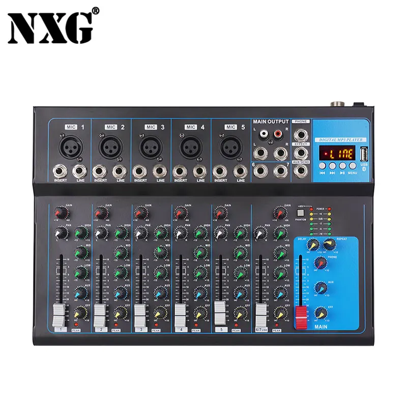 NXG Professional 4/7-Channel DJ Mixer USB Stage Performance Mixer Karaoke Live Mixer for Seamless Computer Recording and Live Performance