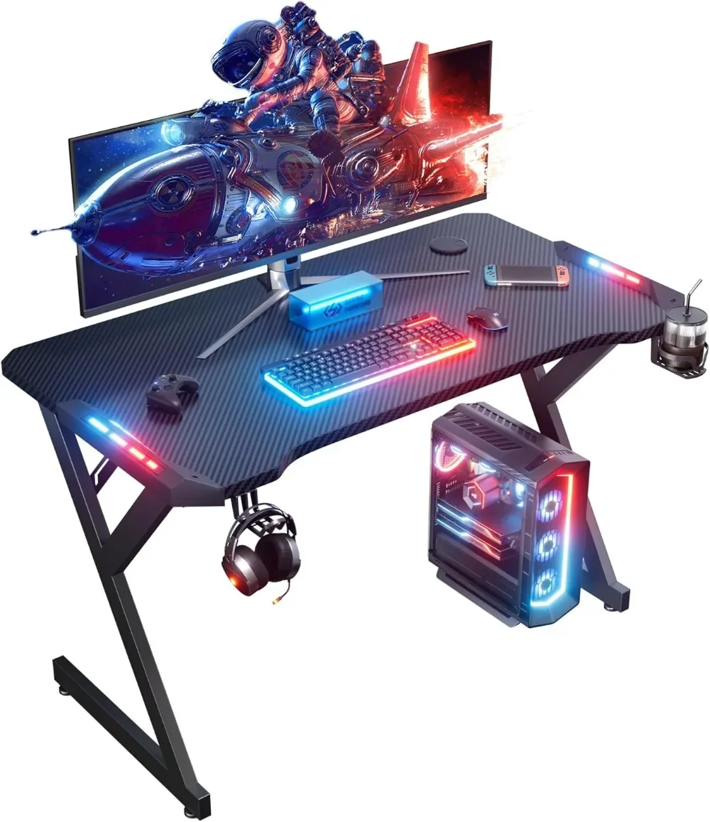 47 INCH Gaming Desk with LED Lights, Home Office Gamer Desk, Ergonomic Computer Table with Large Carbon Fiber Desktop