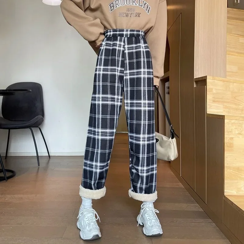 Straight Pants Women Plus Velvet Plaid Thick Thermal Empire Autumn Winter Candy Colors Students Preppy Warm Female All-match Ins