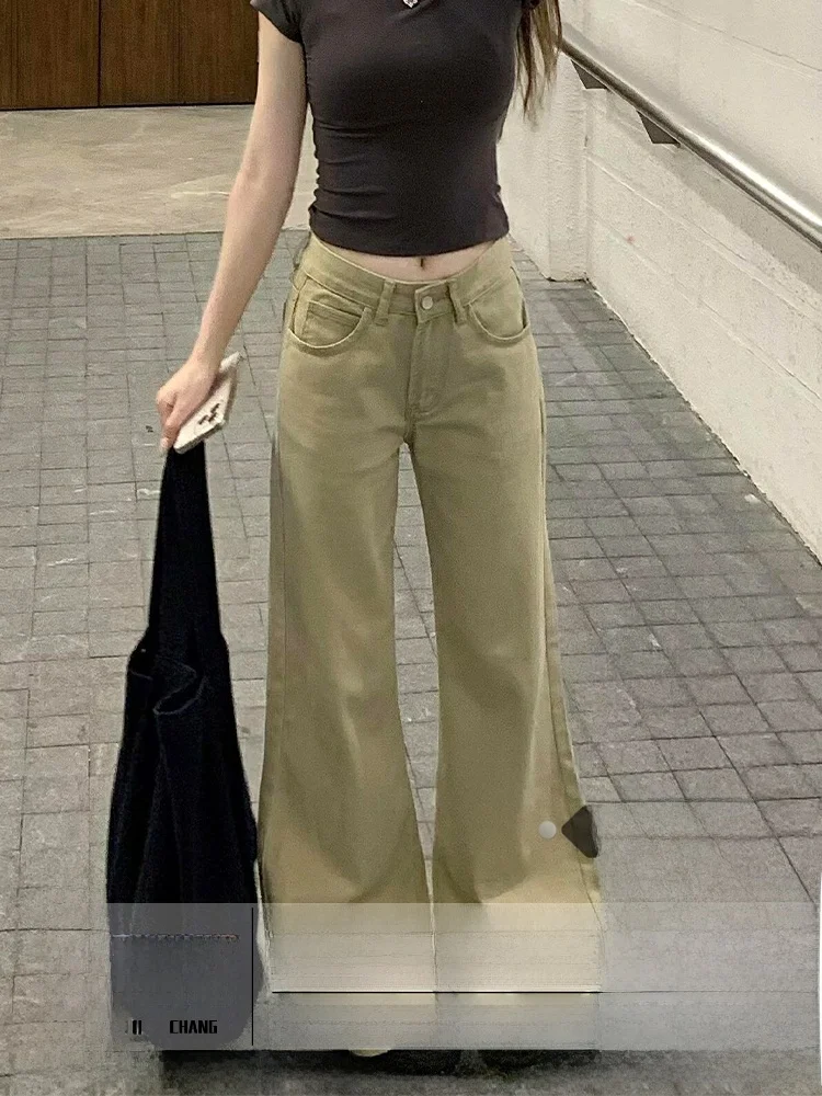 

Американские джинсовые брюки цвета хаки, женские осенне-зимние широкие джинсы с высокой талией, прямой крой в стиле ретро