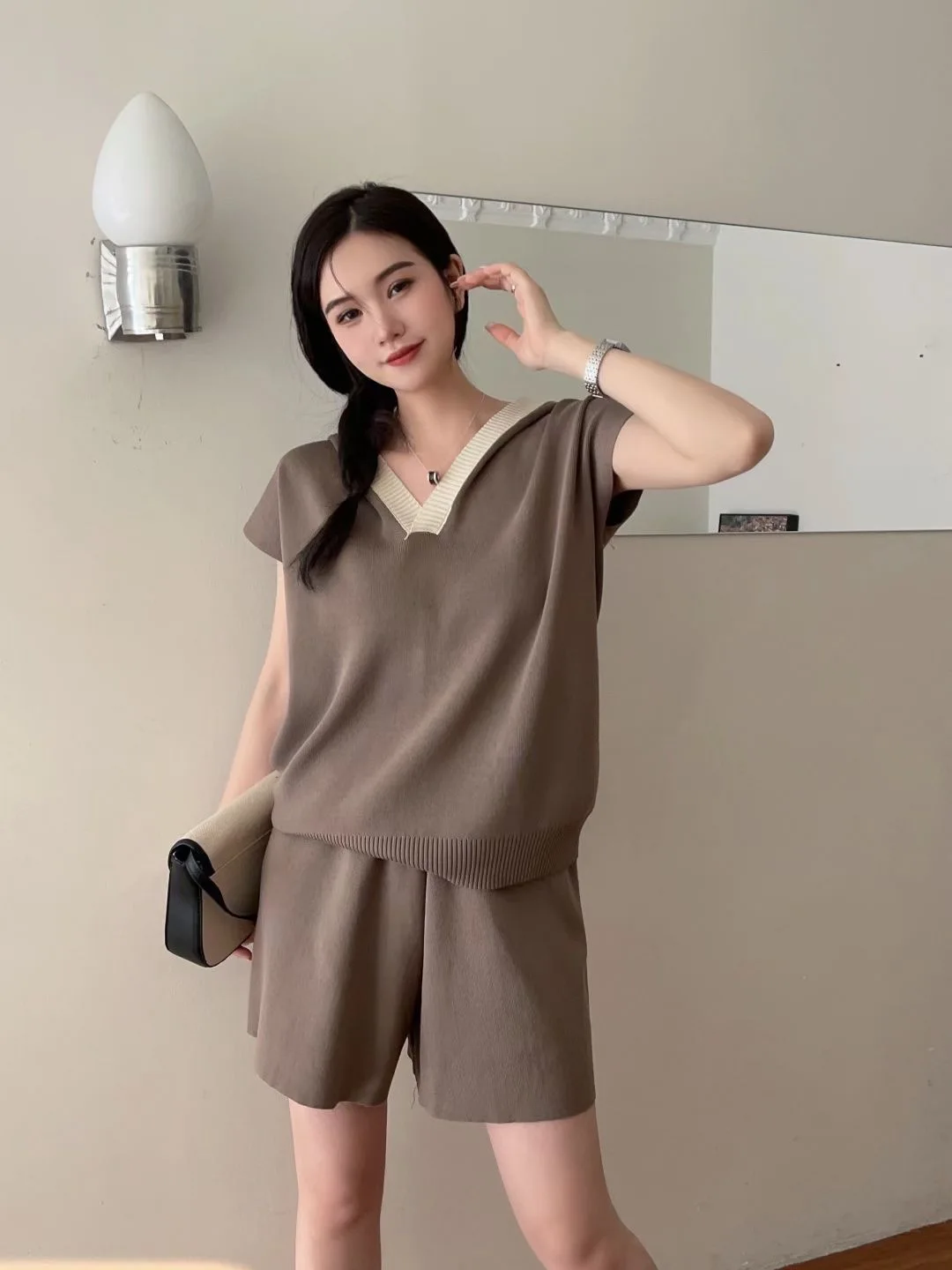 Summer Knitted Women's Tracksuit Short Sleeve V-neck Hooded Pullover Top + Wide Leg Short Sets Casual Loose Two Piece Outfits