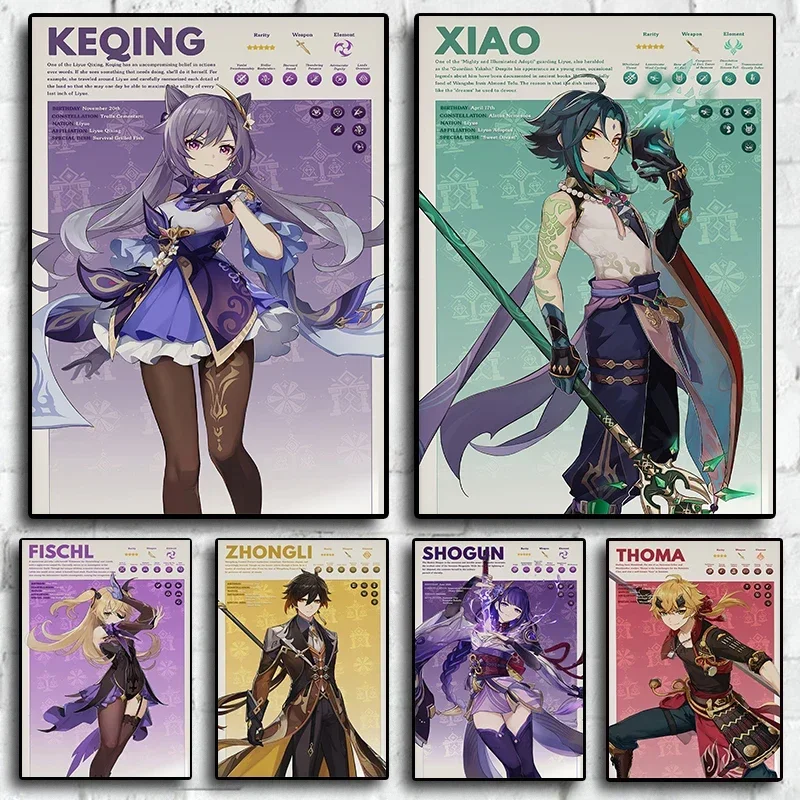 Genshin Impact Anime Posters Zhongli Xiao Hutao Albedo Kaeya Eula Aesthetic Canvas Painting Poster Wall Art Room Decoration