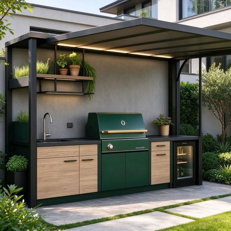 FL Customized Freestanding Outdoor Kitchen Cabinet Waterproof Steel BBQ Cooking Station with Burner Sink Drawers for Backyard