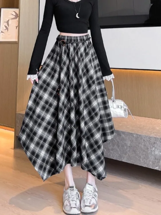 Retro Brued Plaid A-linie Rock frauen Herbst Winter Neue Hohe Taille Lose Lange Rock Mädchen Ci Spaziergang Polyester Faser
