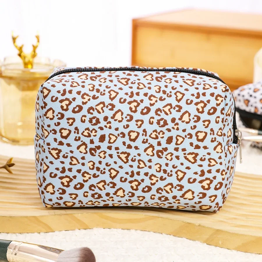 Love Leopard Print Makeup Bag Travel Cosmetic Organizer Large Capacity Octagonal Zipper Cosmetic Bag Women Makeup Pouch Case