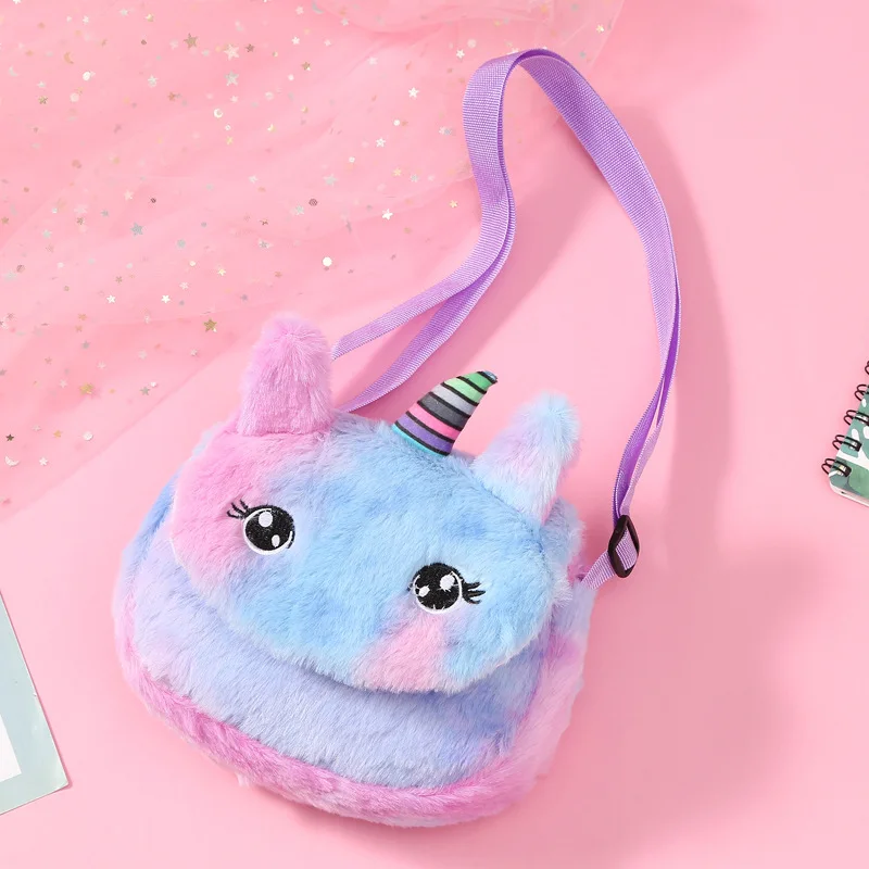 Cute Fluffy Fur Cartoon Unicorn Messenger Bag For Girls Plush Mini Rainbow Color Crossbody Bag Birthday Party Gift