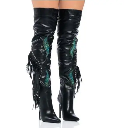 Sexy Women Black Leather Green White Bling Crystal Rhinestone Pointed Toe Thin Heels Fringe Over The Knee Boots Lace Up Boots