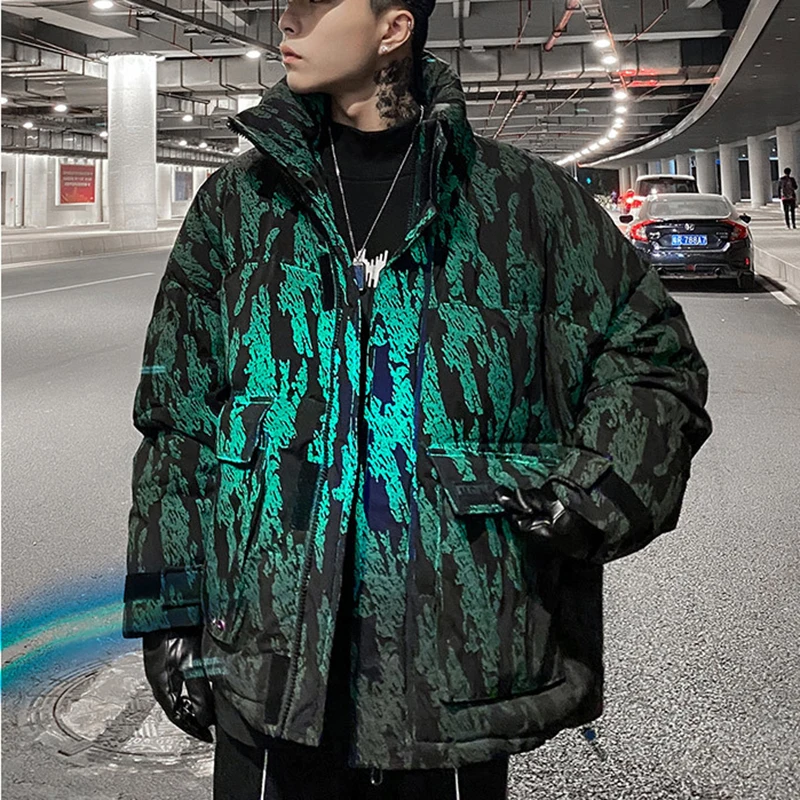 Men Camo Print Puffer Jacket Stand Collar Thick Warm Winter Down Coats Oversized Multi Pocket Hip Hop Streetwear Outerwear