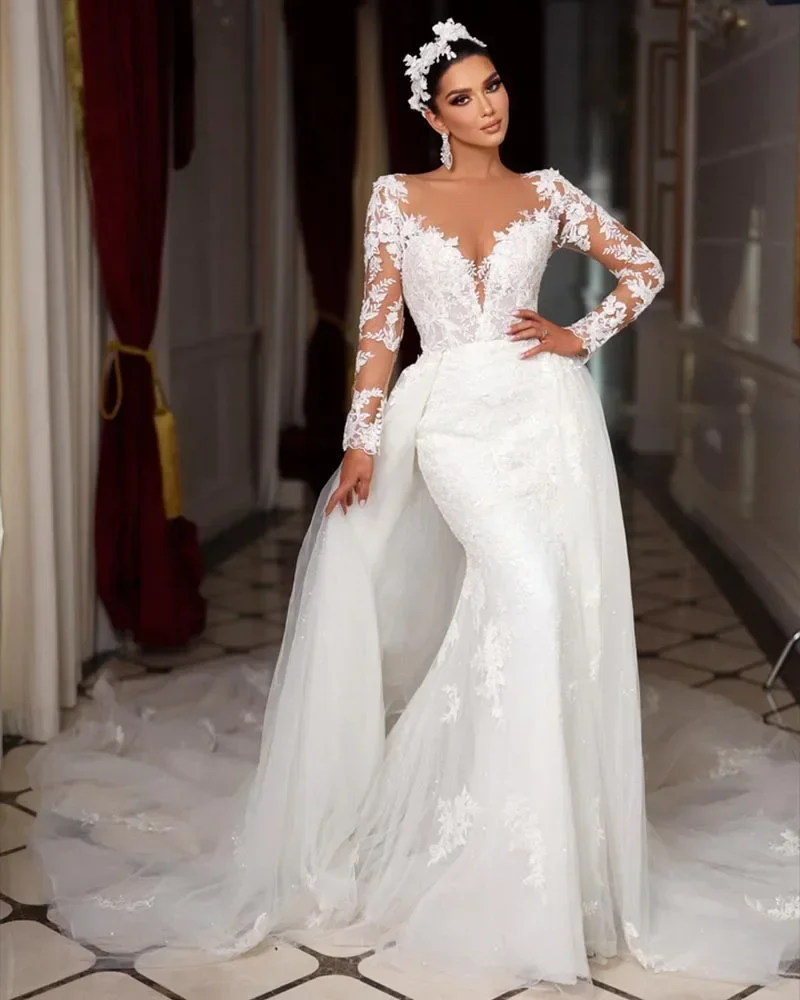 

Elegant White Appliques Lace Wedding Dresses Fashion O-Neck Long Sleeves Mermaid Gowns Gorgeous Court Train Bride Dresses