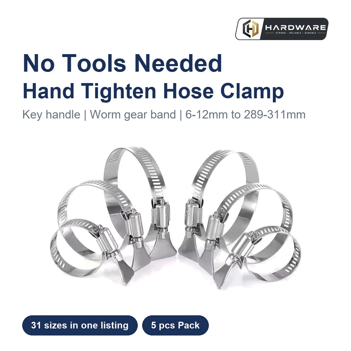 Stainless Steel Hose Clamp Hand Tighten Key Wing Nut 6-12mm to 289-311mm Worm Gear Clamp for Garden Hose Radiator 5pcs