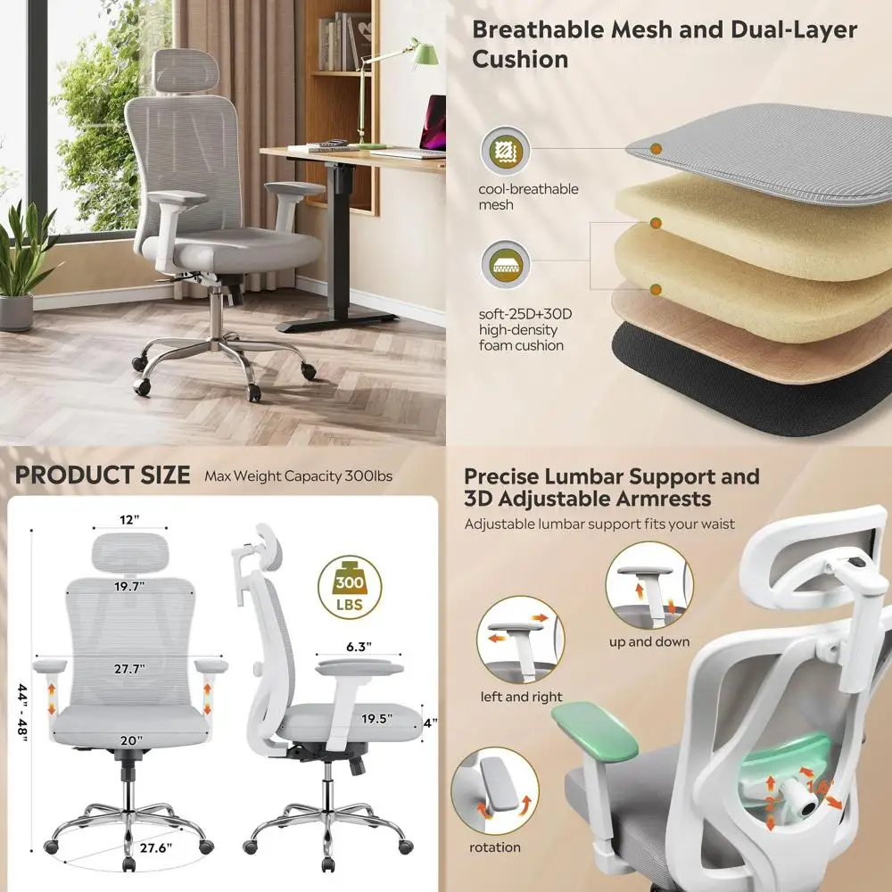

Ergonomic Mesh Chair with Adjustable Headrest, Tilt, Lumbar Support for Big & Tall, White