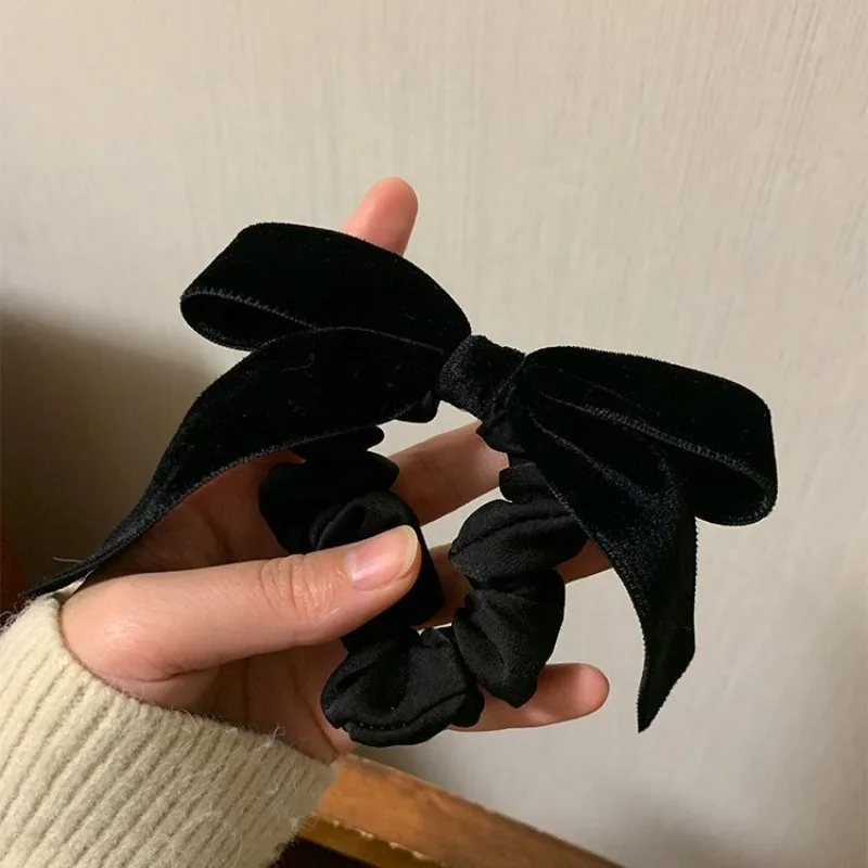 Black Velvet Bow Scrunchies Headwear for Women Girls Korea Sweet Retro Classic Ponytail Elastic Hair Band Hair Accessories