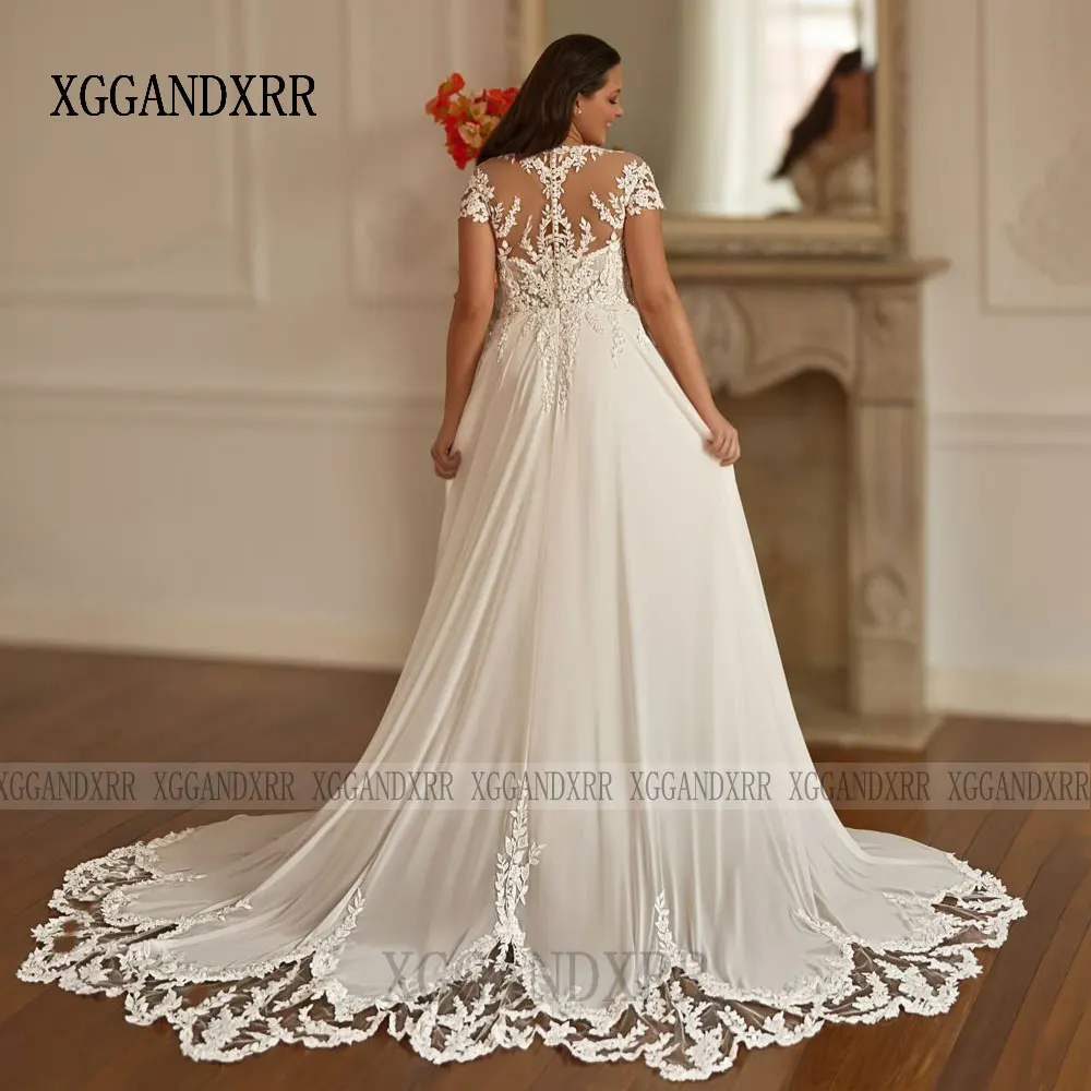 Vestidos de novia de encaje con apliques de línea A de lujo, vestidos de novia de manga corta con cuello redondo, vestido Formal de fiesta de boda de cola larga 2026