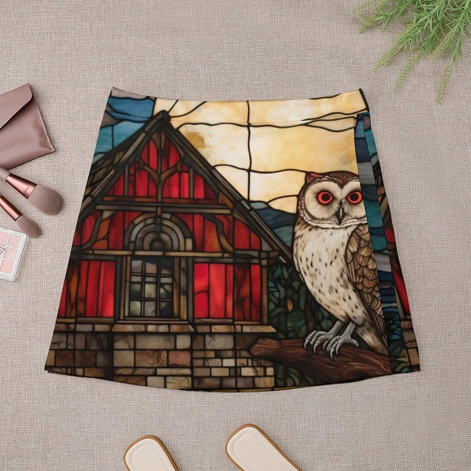 Stained Glass Owl Near Barn Mini Skirt rave outfits for women luxury clothes women Skort for women Mini Skirt